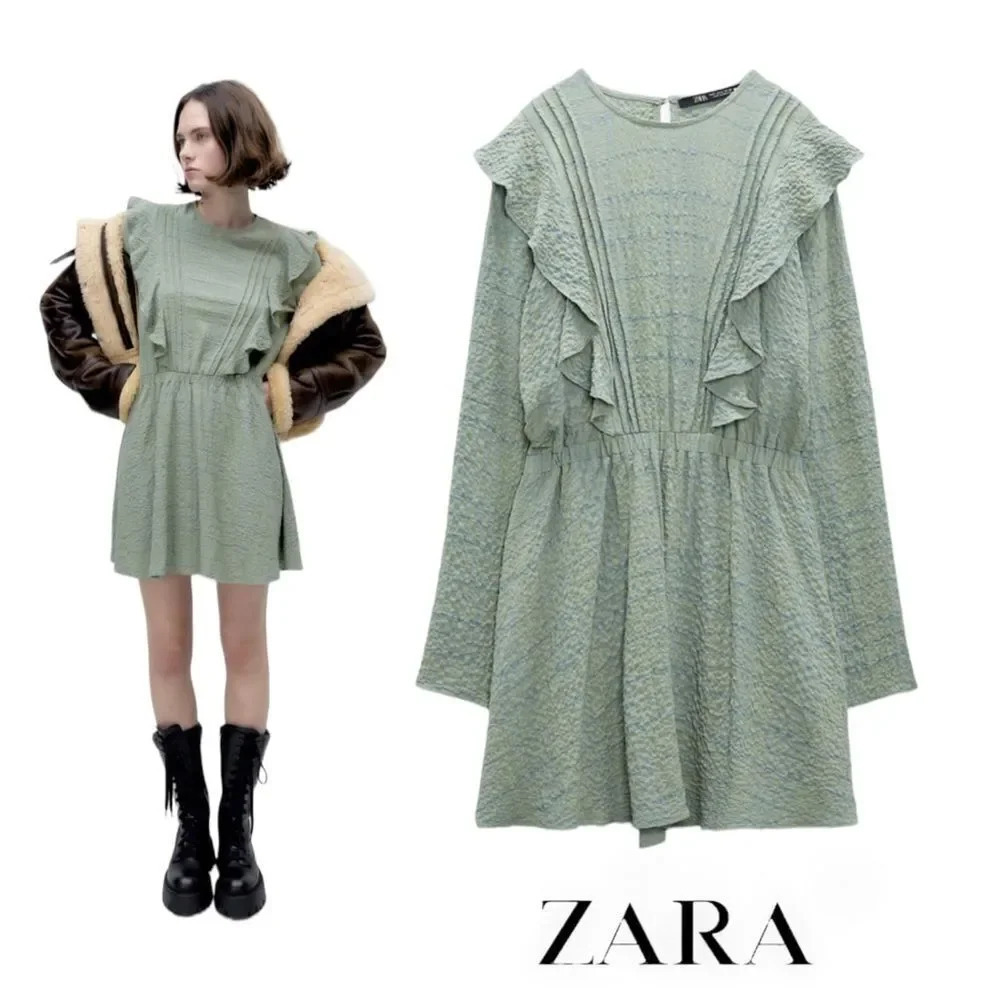 ZARA Sea Green Textured Ruffle Long Sleeve Mini Dress S XXL NWT